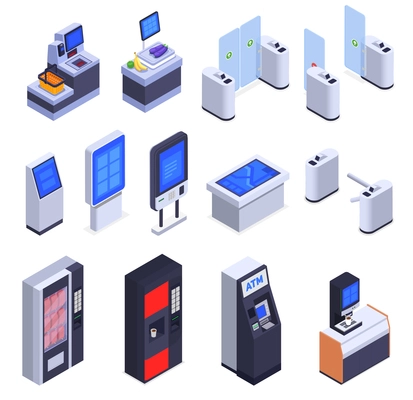 Interfaces isometric icons set with 3d atm information kiosk self checkout drinks machine turnstile isolated vector illustration