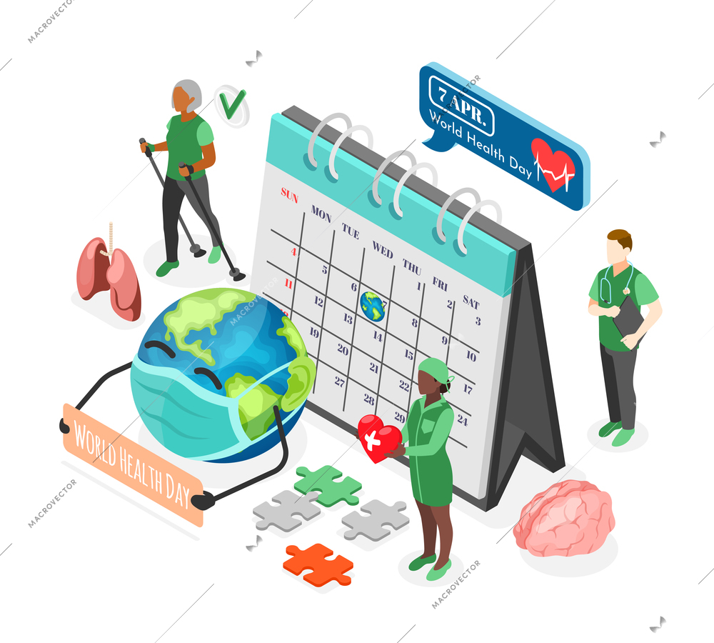 Isometric world health day composition with doctors globe and calendar with marked april 7 date 3d vector illustration