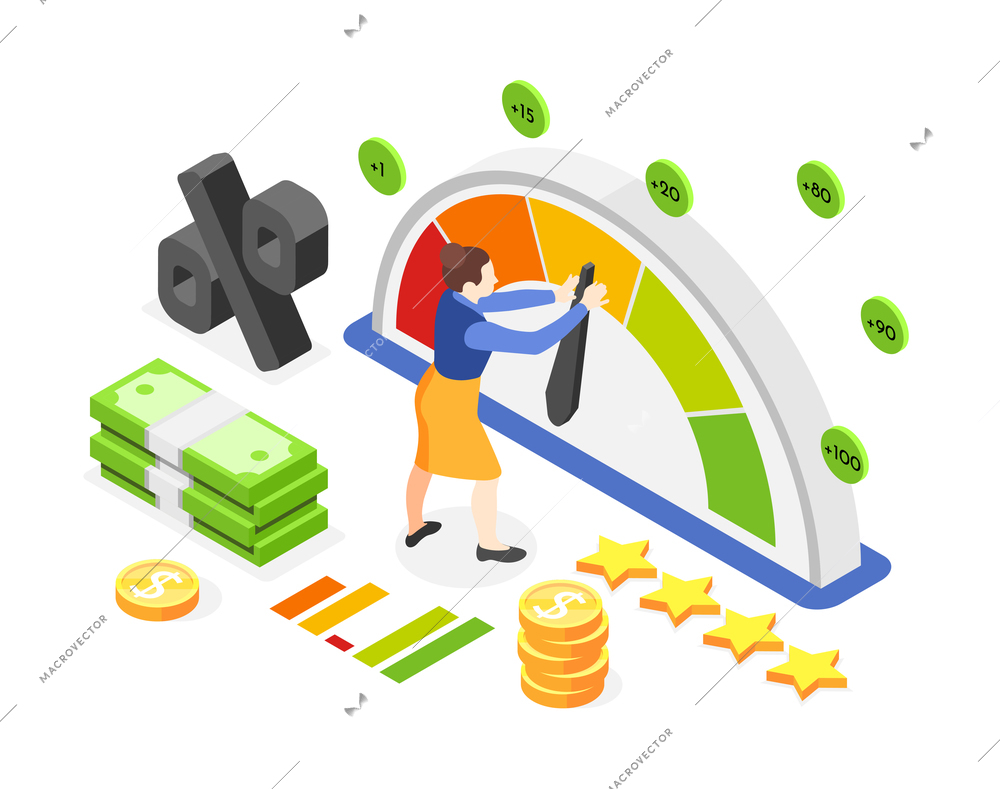 Isometric composition with 3d woman money and credit score indication meter on white background vector illustration