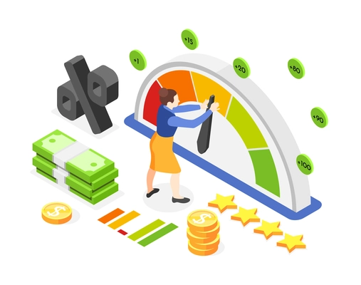 Isometric composition with 3d woman money and credit score indication meter on white background vector illustration