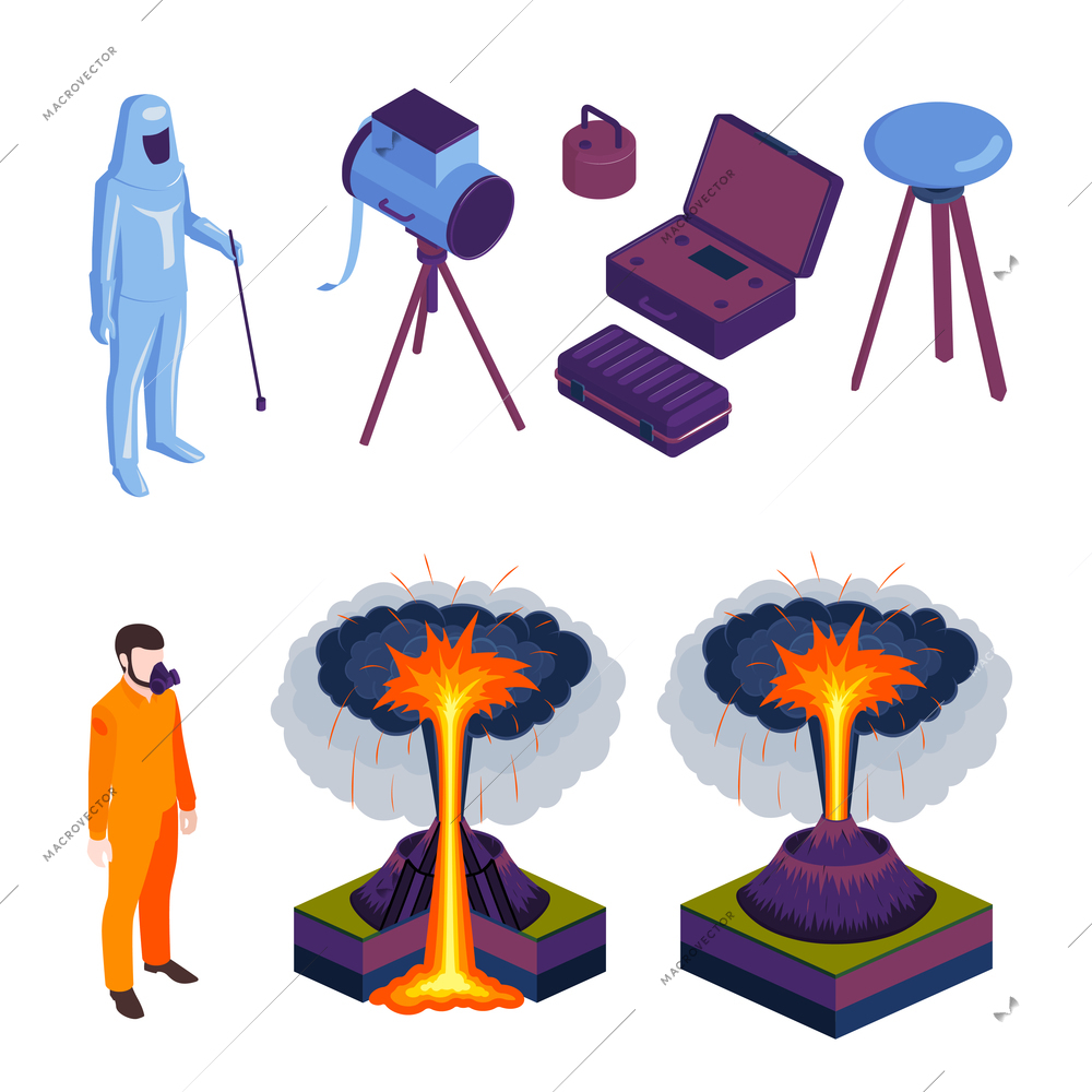 Volcano eruptions and volcanologists in special form and equipment colored icons set on white background isometric vector illustration