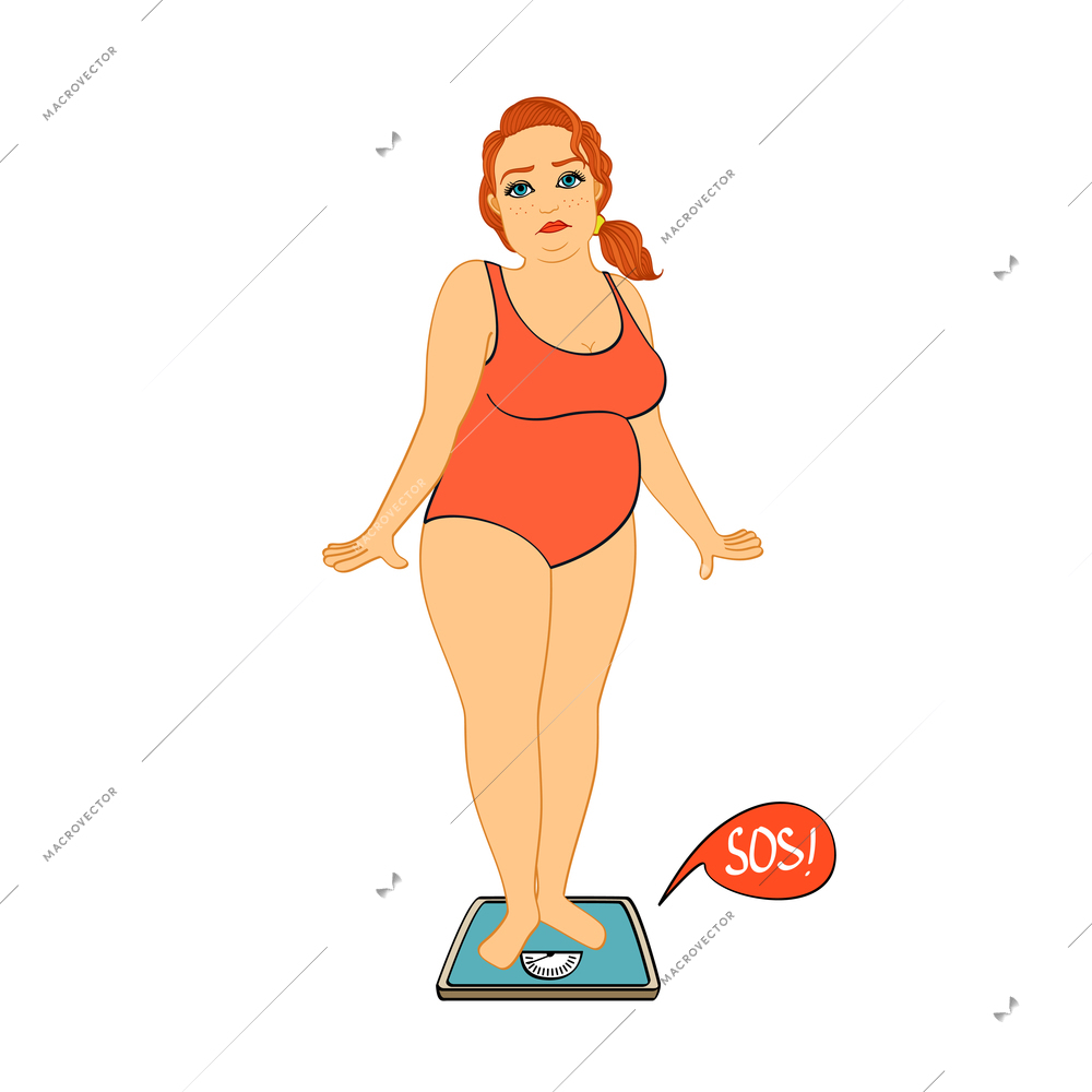 Woman on weight scales unhappy with her figure isolated vector illustration