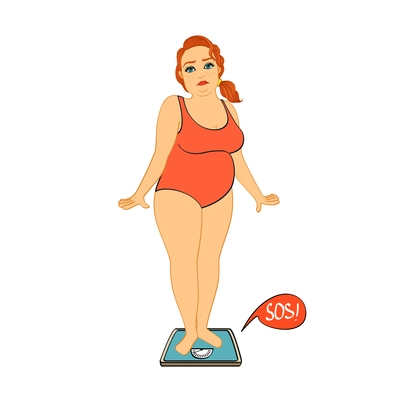 Woman on weight scales unhappy with her figure isolated vector illustration