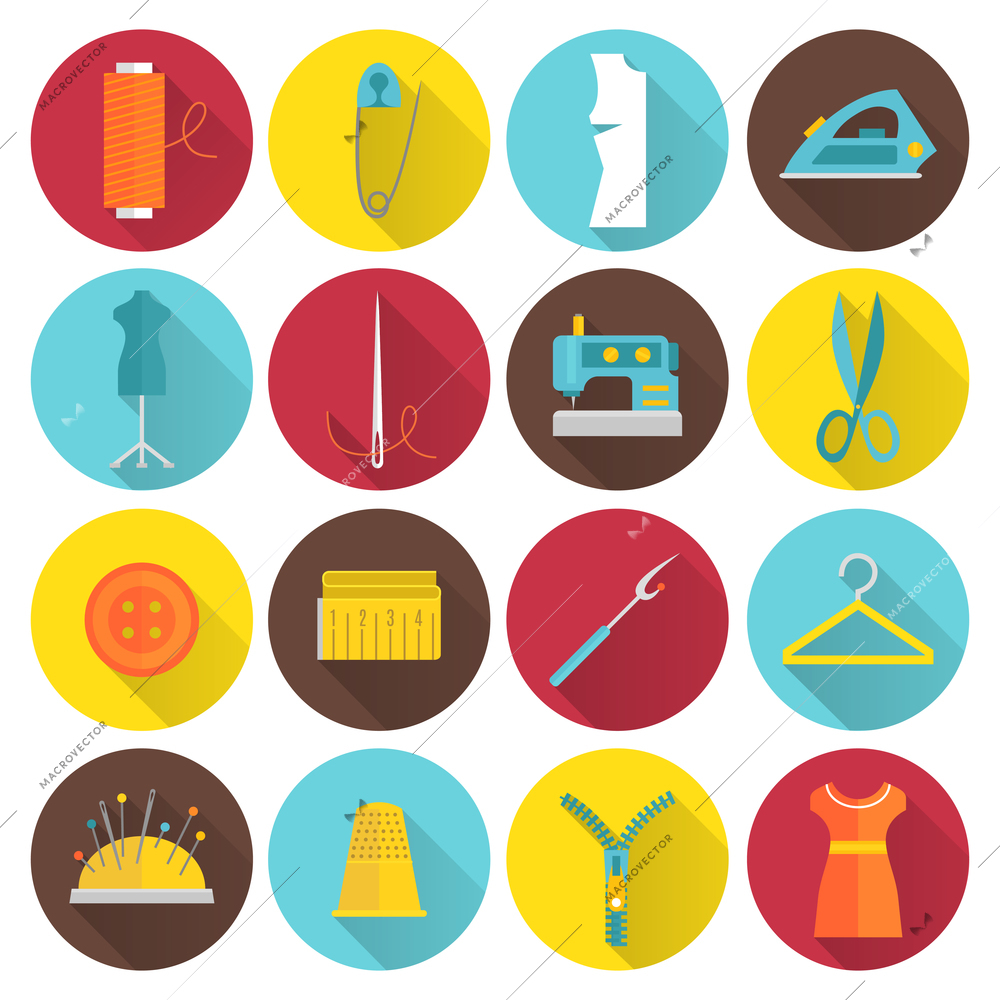 Sewing equipment and tailor needlework accessories icons with thread needle zipper isolated vector illustration