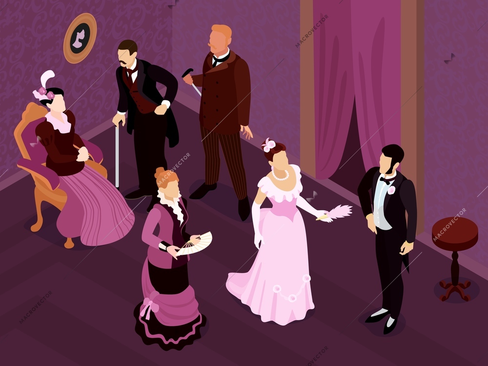 Isometric victorian fashion party composition with indoor view of medieval saloon with human characters of aristocrats vector illustration