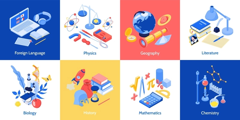 Isometric school education design concept with set of square compositions representing different subjects with editable text vector illustration