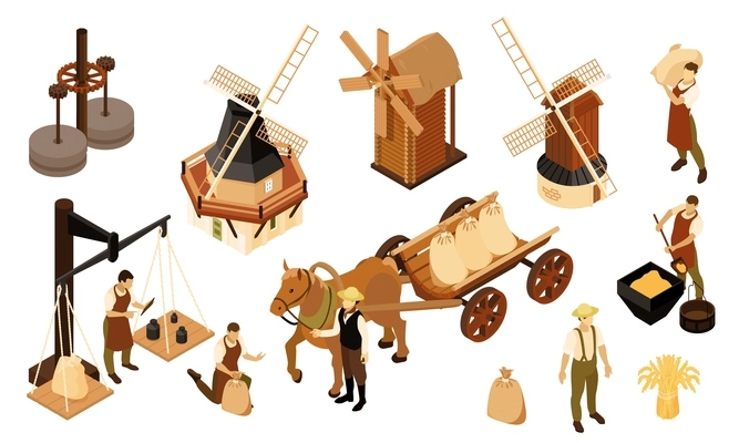 Isometric windmills rural set with isolated icons of mill buildings with characters of workers and horse vector illustration