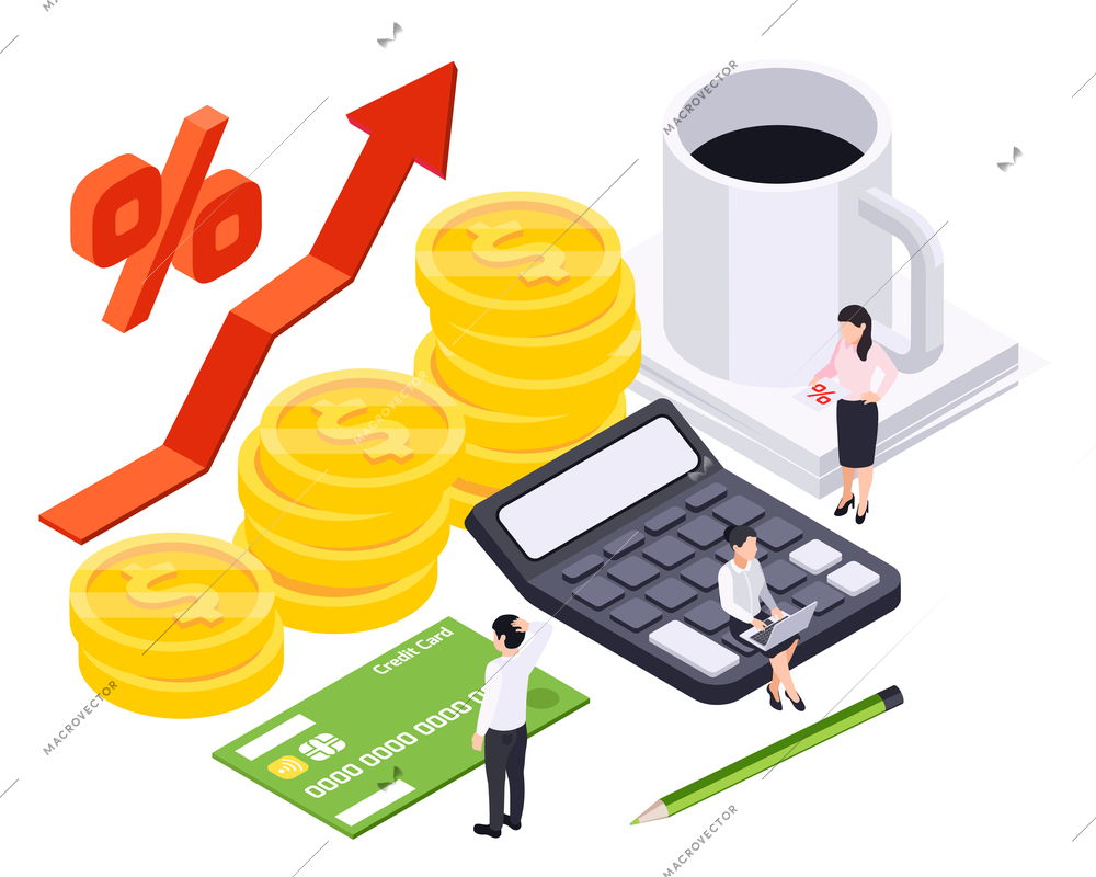 Bank loan isometric composition with icons of coin stacks with calculator arrow and characters of clerks vector illustration