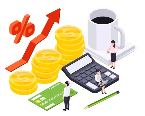 Bank loan isometric composition with icons of coin stacks with calculator arrow and characters of clerks vector illustration