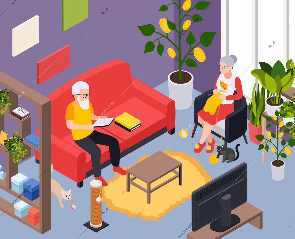 Retirement preparation plan isometric composition with indoor apartment scenery and elderly couple with home money trees vector illustration