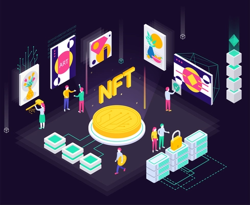 Cryptographic art crypto art nft isometric composition with coin icons servers with lock and art collectors vector illustration