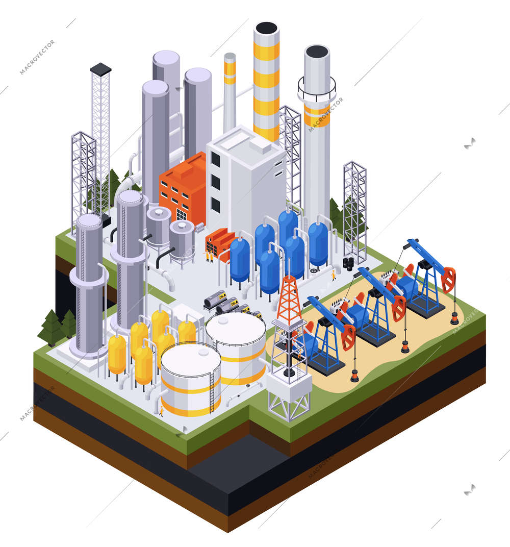 Oil petroleum industry isometric composition with oil pumps and pipes with storage tanks and factory buildings vector illustration