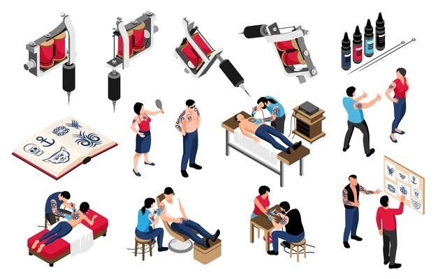 Tattoo isometric set of professional equipment album with various tattooing design style images tattooists at work isolated vector illustration