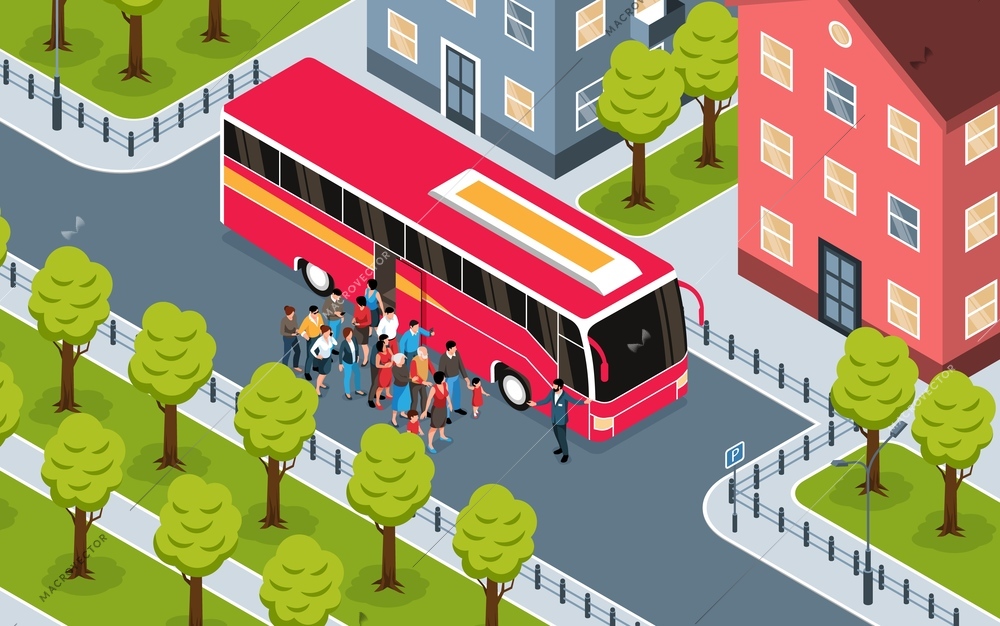 Isometric fragment of city landscape  with group of tourists standing near red excursion bus vector illustration