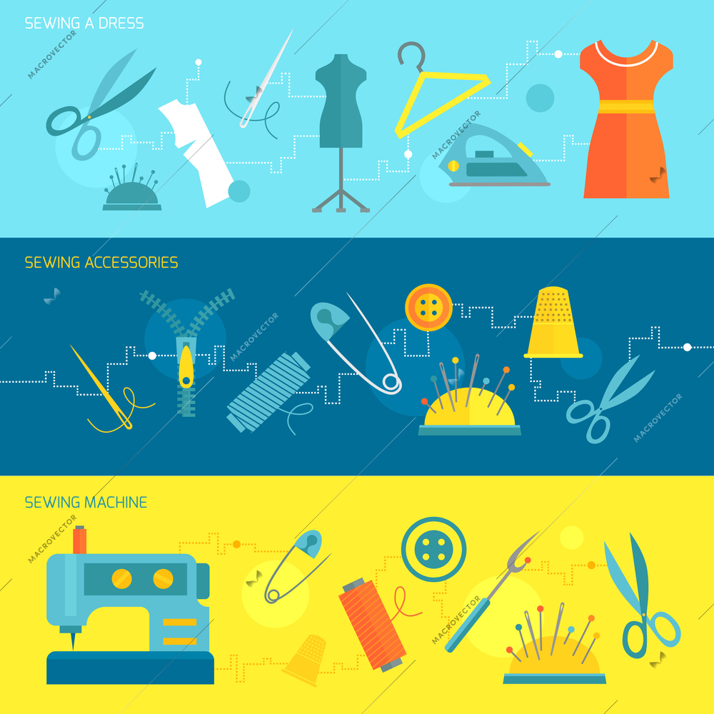 Sewing dress accessories machine banner set isolated vector illustration