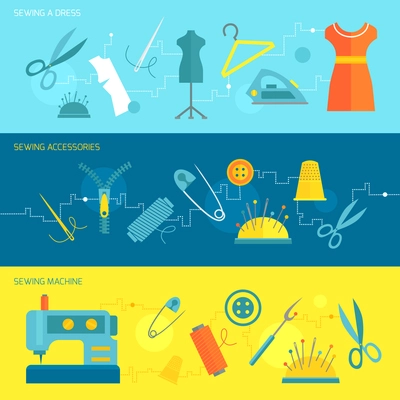 Sewing dress accessories machine banner set isolated vector illustration