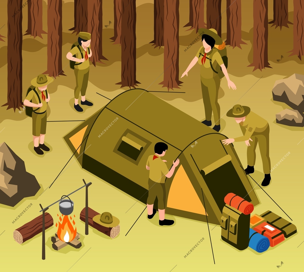 Young scouts setting up camp tent in forest for rest stop under guidance of adult coaches isometric background vector illustration