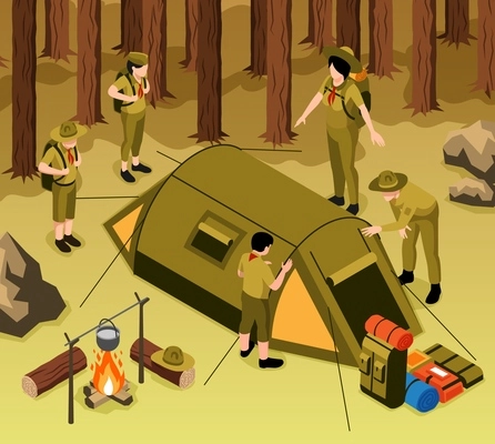 Young scouts setting up camp tent in forest for rest stop under guidance of adult coaches isometric background vector illustration