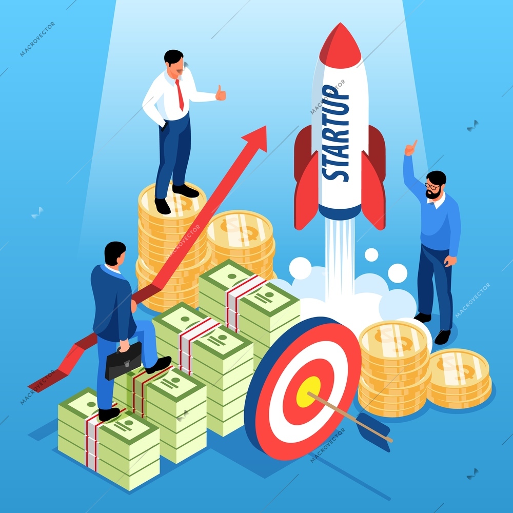Investment isometric vector illustration with men stay on bundles of banknotes and watch for starting rocket symbolizing beginning of new business project