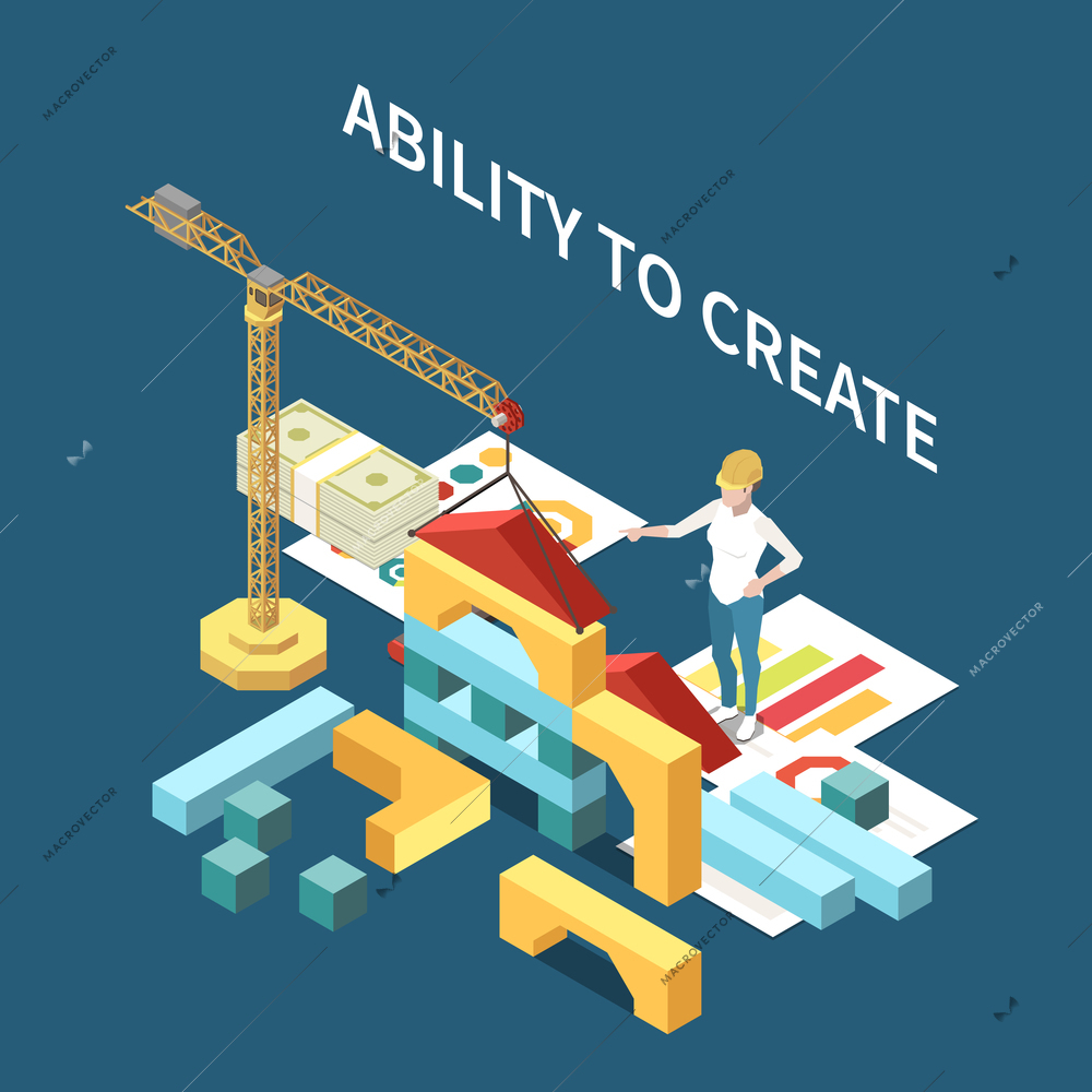 Entrepreneur isometric composition with ability to create symbols vector illustration