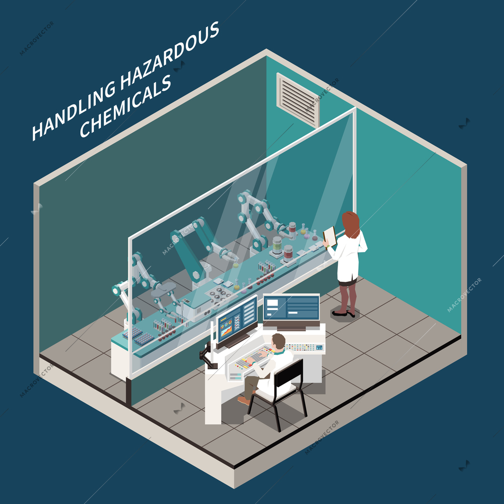 Robotic surgery and medicine isometric concept with handling chemicals symbols vector illustration