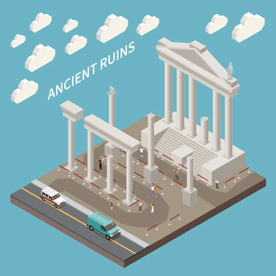 Roman empire composition with ancient ruins symbols isometric vector illustration