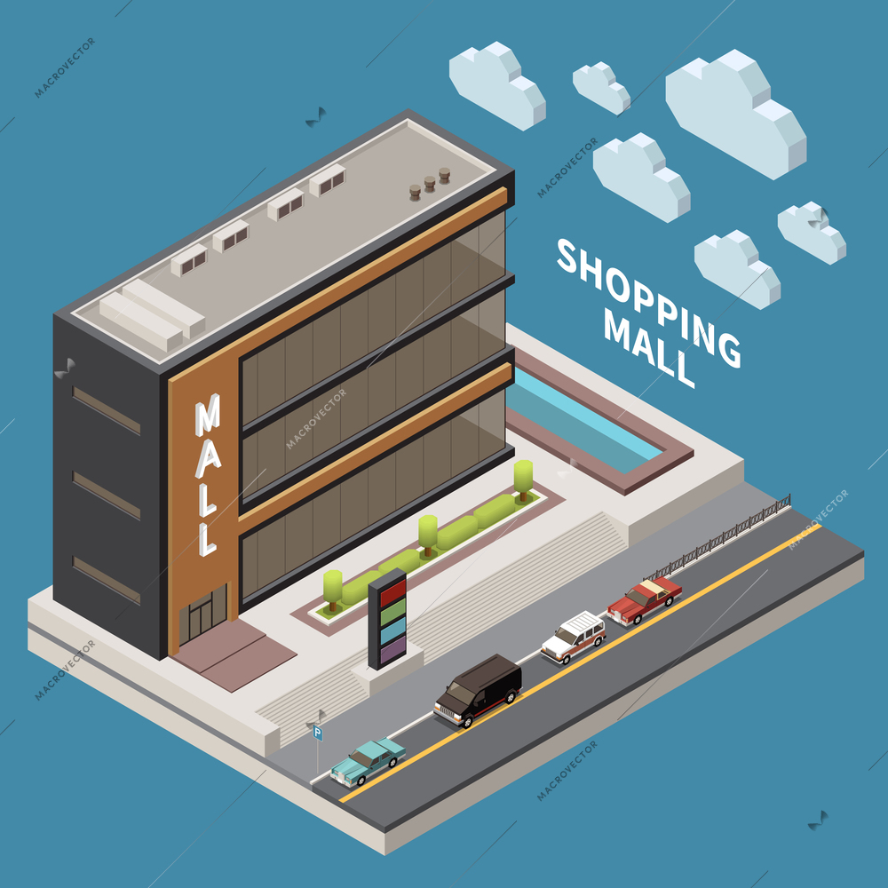 Shopping mall concept with supermarket shopping and purchase symbols isometric vector illustration
