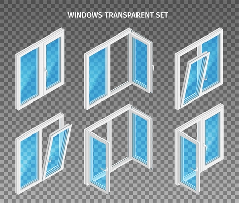 Set of double and three leaf plastic windows with opened and closed casements on transparent background  isolated vector illustration