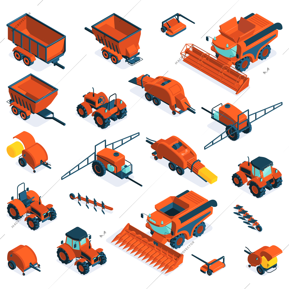 Isometric agricultural farm equipment set of combine tractor cargo trailer mower plow bale baler grain harvester isolated vector illustration