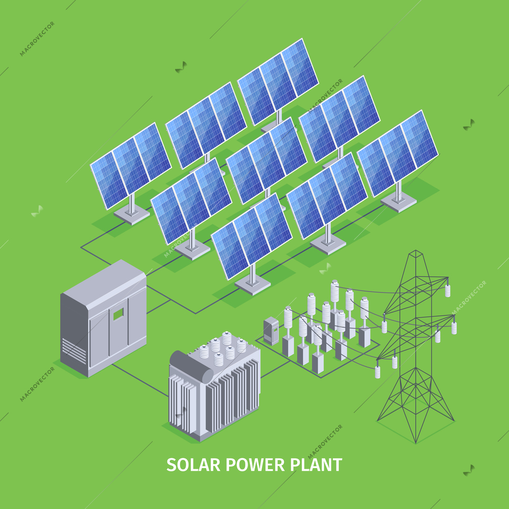 Solar power plant green background with solar panels and renewable electric power generation isometric vector illustration