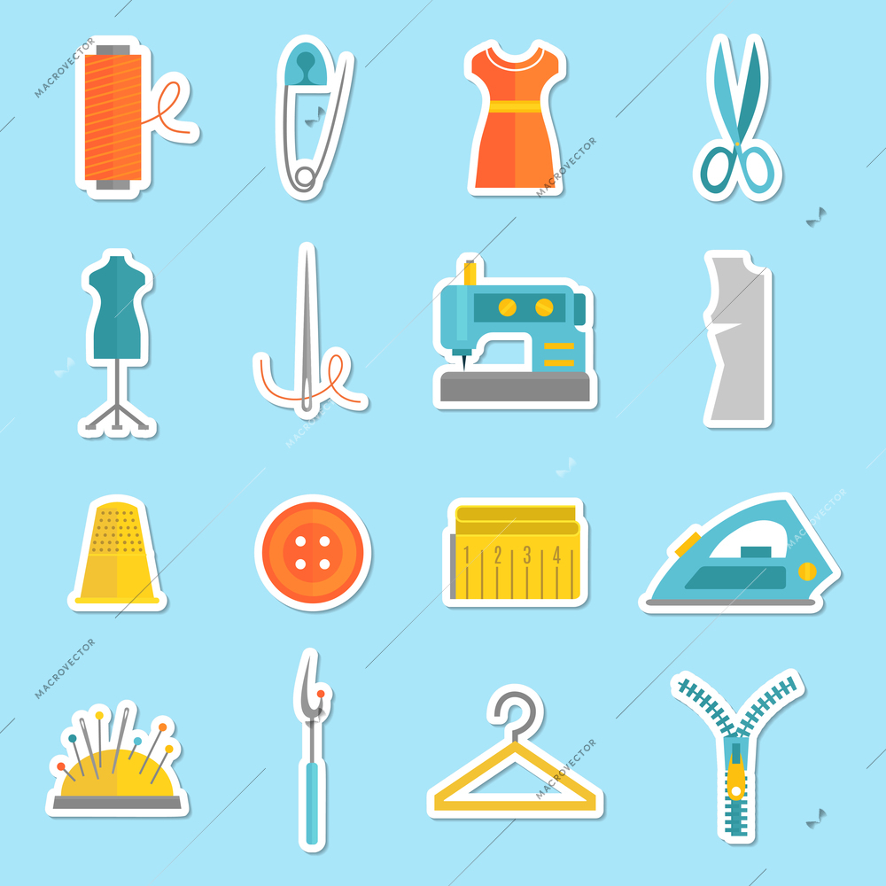 Sewing equipment and tailor needlework stickers set with button thimble pin isolated vector illustration