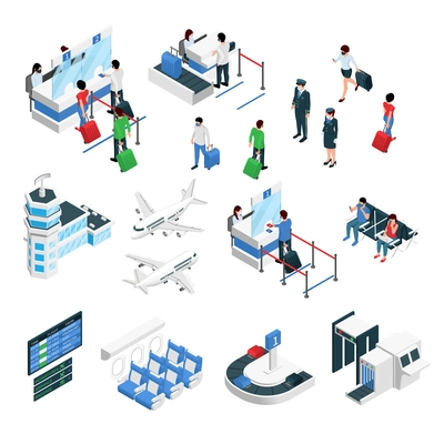 Airport terminal isometric set with airplanes flight crew passengers check in security gates luggage carousel vector illustration