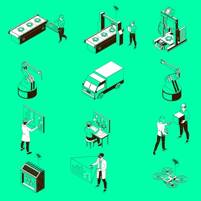 Smart industry automated production line operators robotic arms conveyor belt drone delivery monochrome isometric set background vector illustration