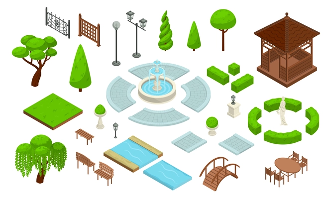Landscape design park isometric constructor icon set with different types of green plantings of bushes of trees walking paths and architectural elements vector illustration