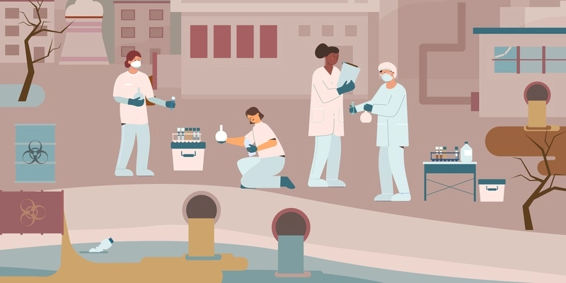 Environmental protection biologist flat composition with group of scientists performing tests examining polluted water for chemicals vector illustration