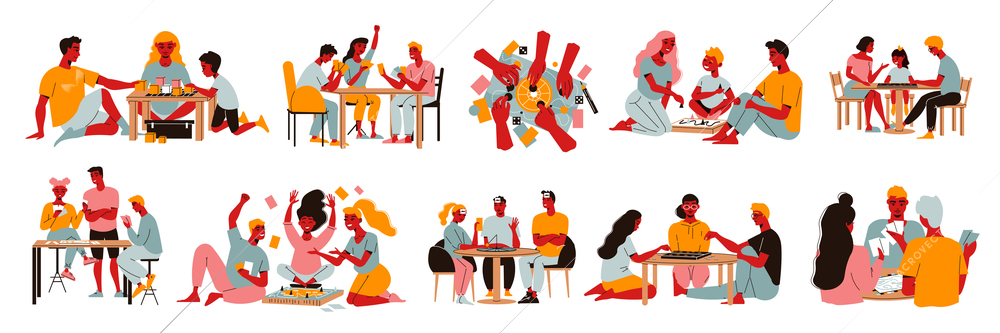 Board games family set of isolated compositions with characters of family members playing different board games vector illustration