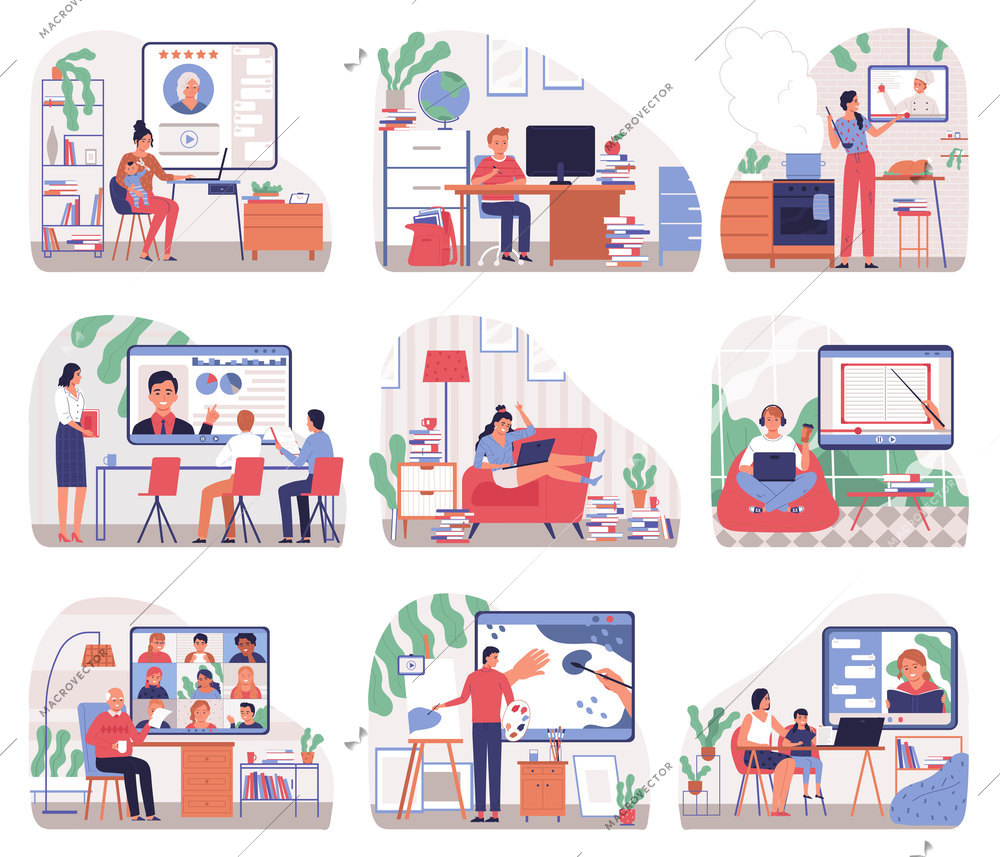 Online education compositions set with people of different age studying on computers flat isolated vector illustration