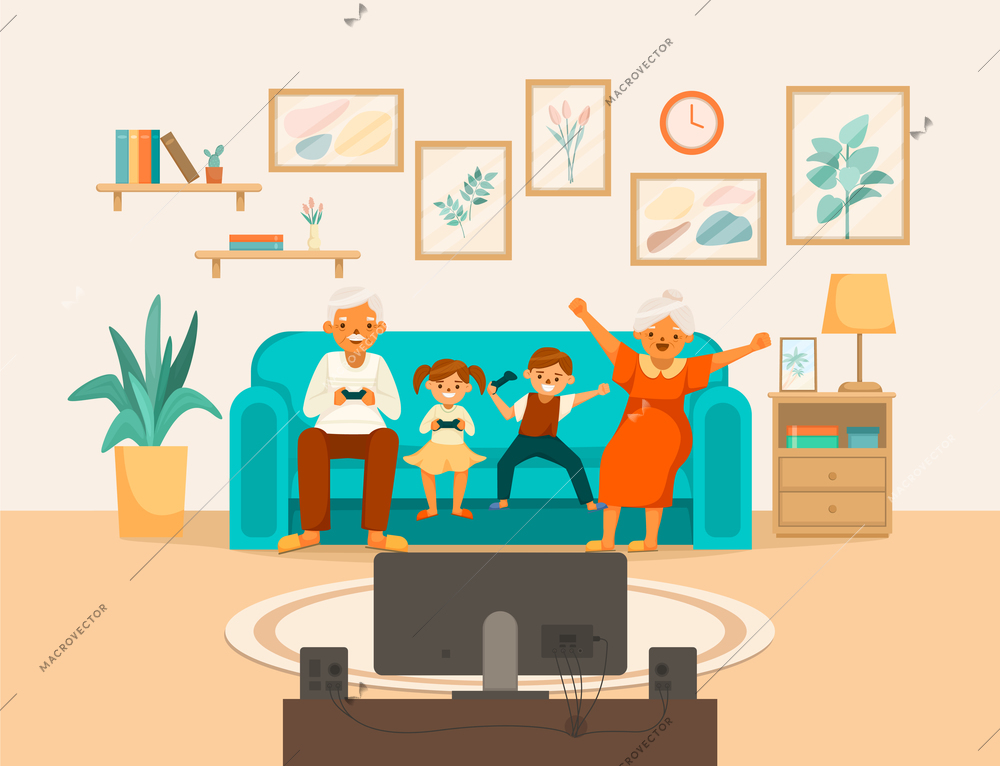 Elderly people happy life cartoon composition grandma and grandpa play console games with their grandchildren vector illustration