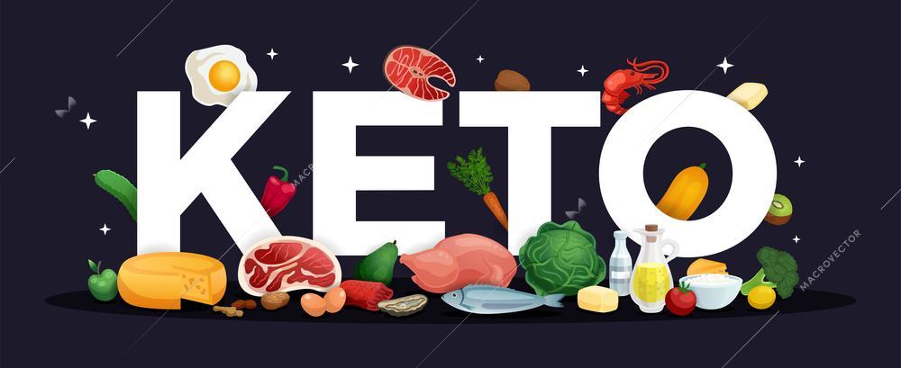 Keto diet logo letters and realistic healthy food on black background vector illustration