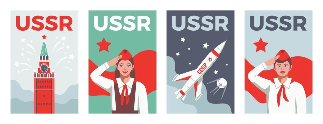 Ussr poster set of vertical banners with text and young pioneer characters with kremlin and rocket vector illustration