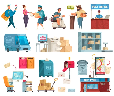 Post office cartoon set with postal delivery van postman motorcycle courier parcels mailbox american letterbox vector illustration