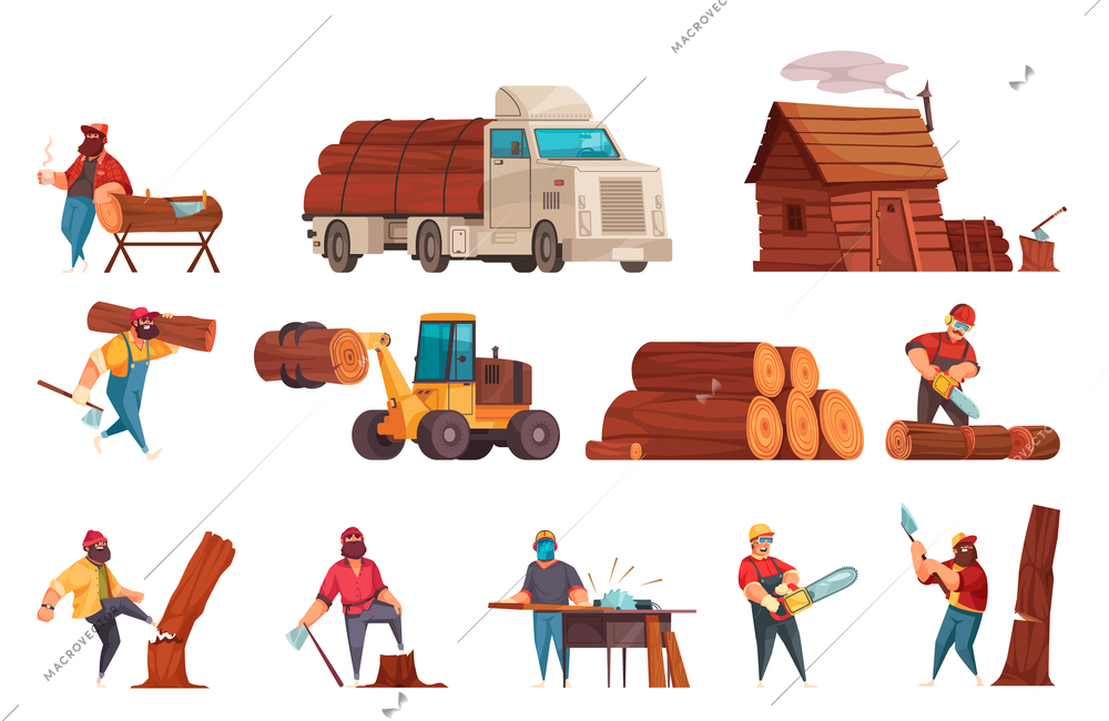 Lumberjack work equipment machinery cartoon set with loggers sawing wood chopping down felling transporting trees vector illustration