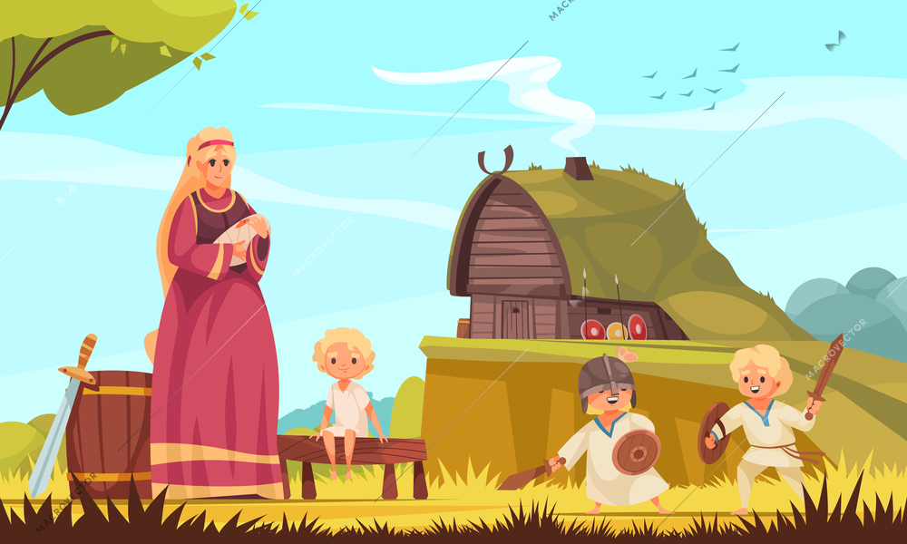 Vikings family cartoon composition with wooden hut mother with kids busy with daily tasks outdoor vector illustration