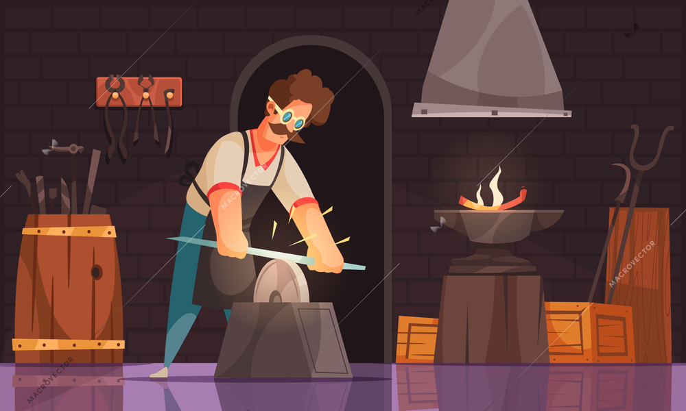 Blacksmith in workshop sharpens forged sword blade on grind stone wearing safety goggles cartoon composition vector illustration