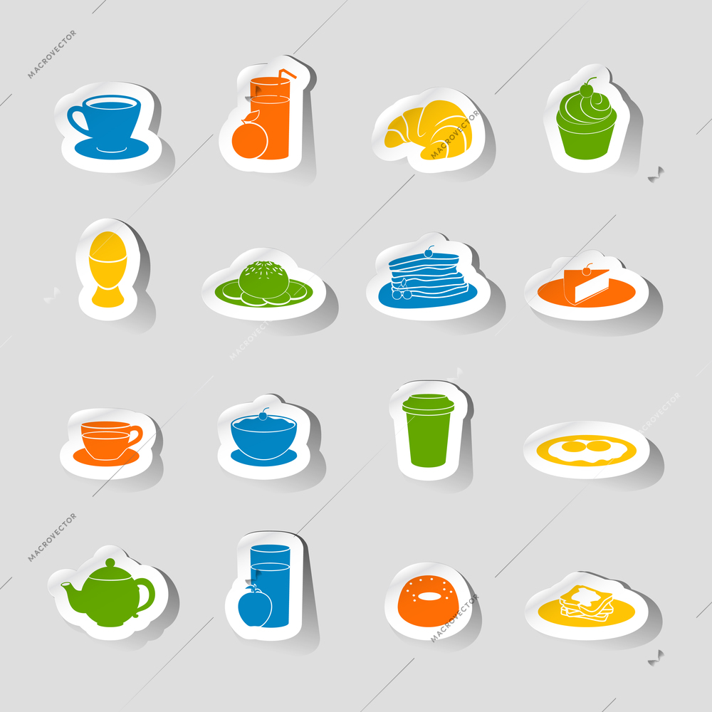 Breakfast food and drink icon sticker set with coffee milk and orange juice isolated vector illustration