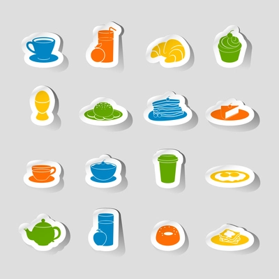 Breakfast food and drink icon sticker set with coffee milk and orange juice isolated vector illustration