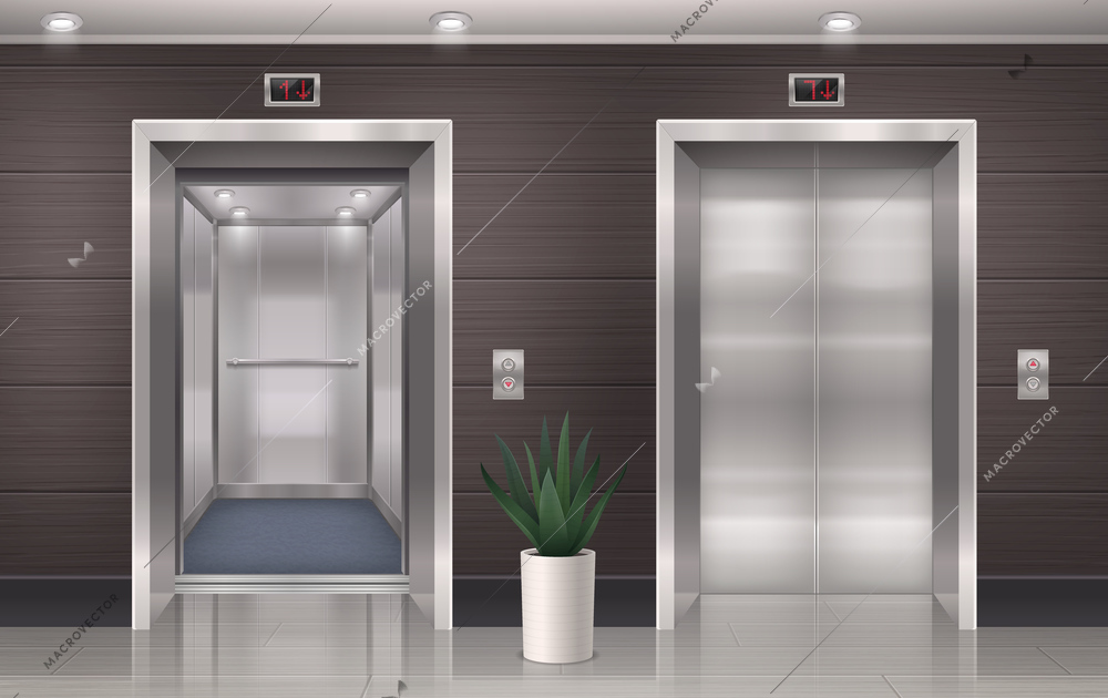 Elevator door realistic composition with elevator hall doors front view with side post and home plant vector illustration