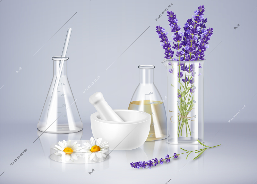 Aromatherapy realistic composition with glass ware mortar and fresh lavender and camomile flowers vector illustration