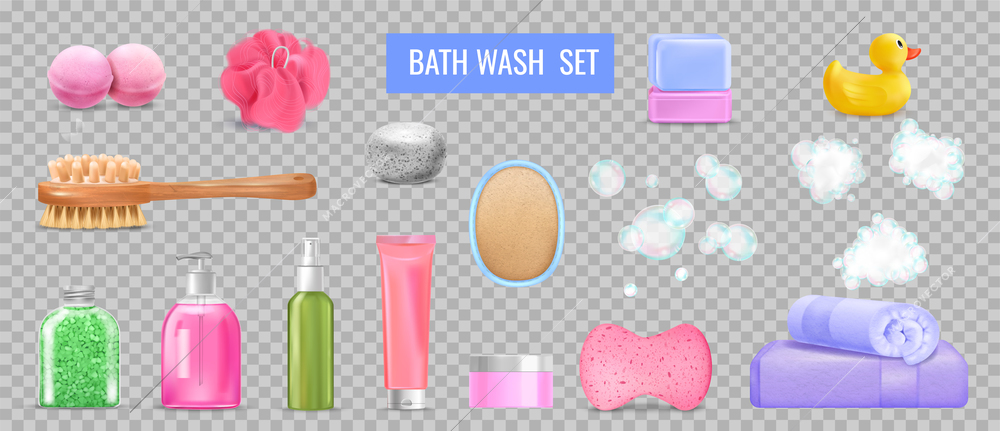 Bath wash transparent set with beauty symbols realistic isolated vector illustration