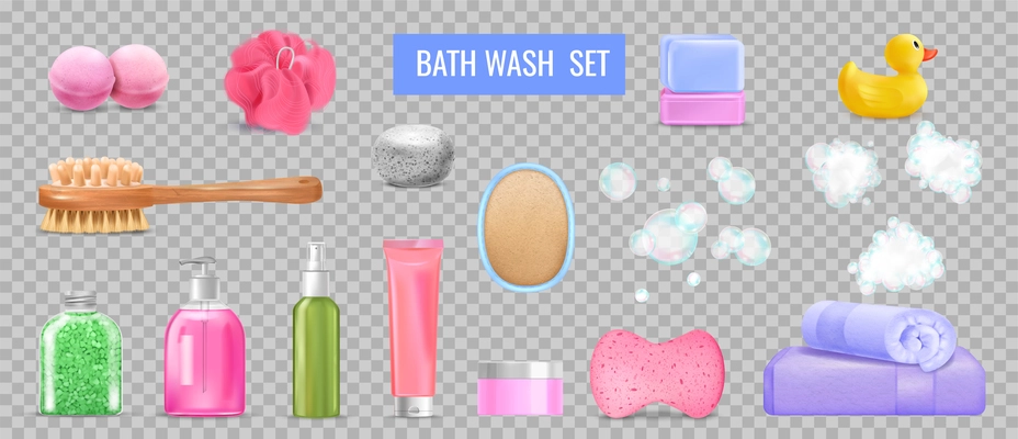 Bath wash transparent set with beauty symbols realistic isolated vector illustration